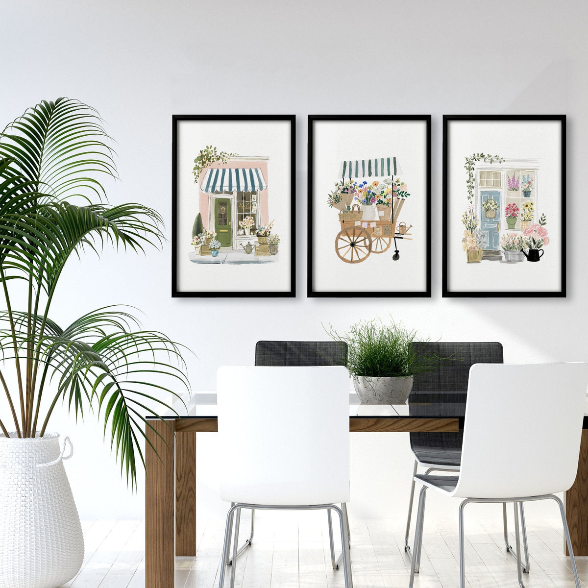 Blue Wall Art Canvas | Botanical Flower Shop & Market Cart Prints | Set of 3