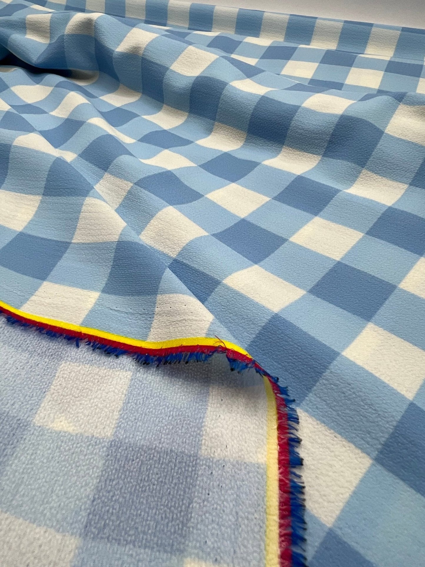 Blue White Check Print Lightweight Bubble Crepe Fabric