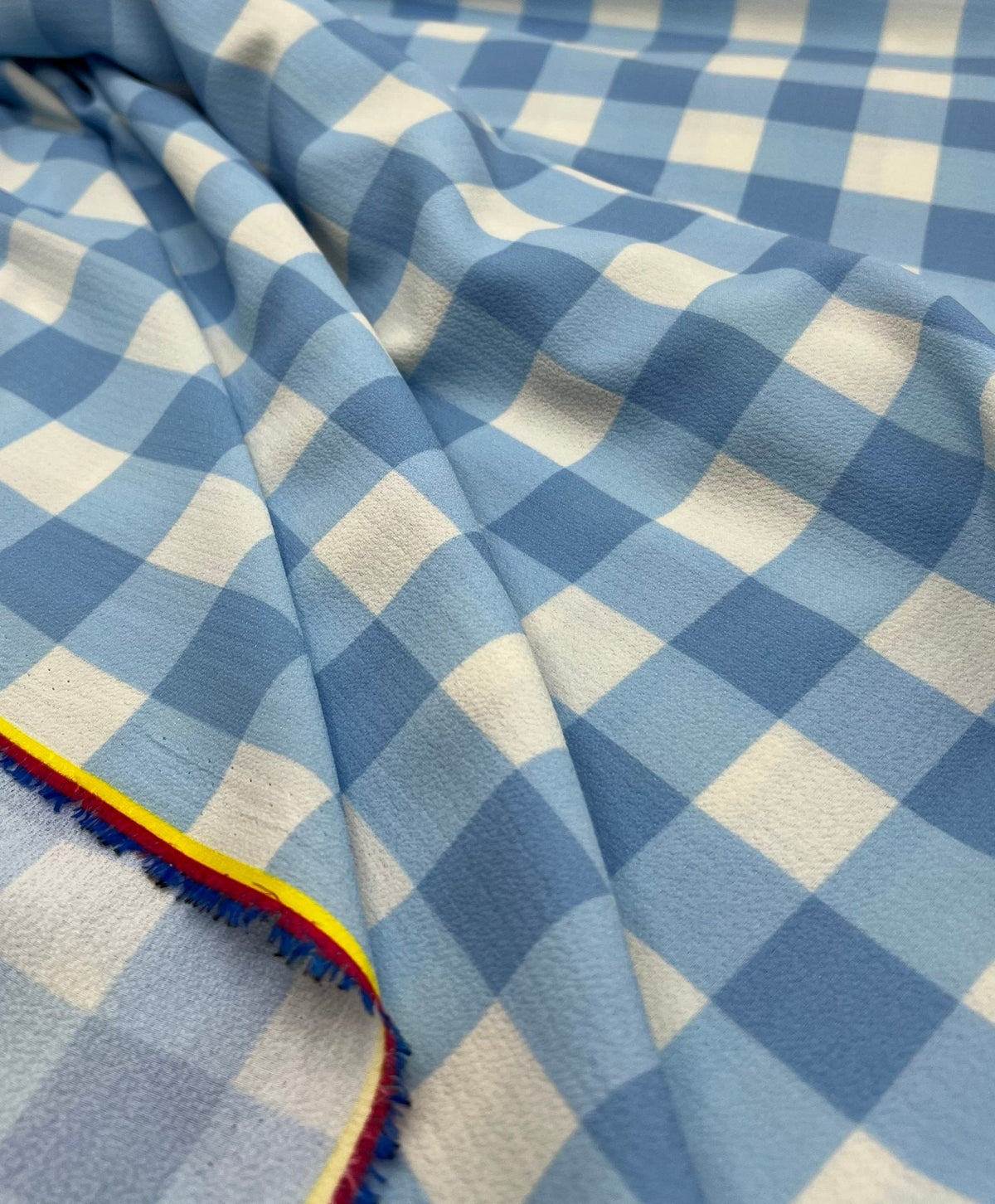 Blue White Check Print Lightweight Bubble Crepe Fabric