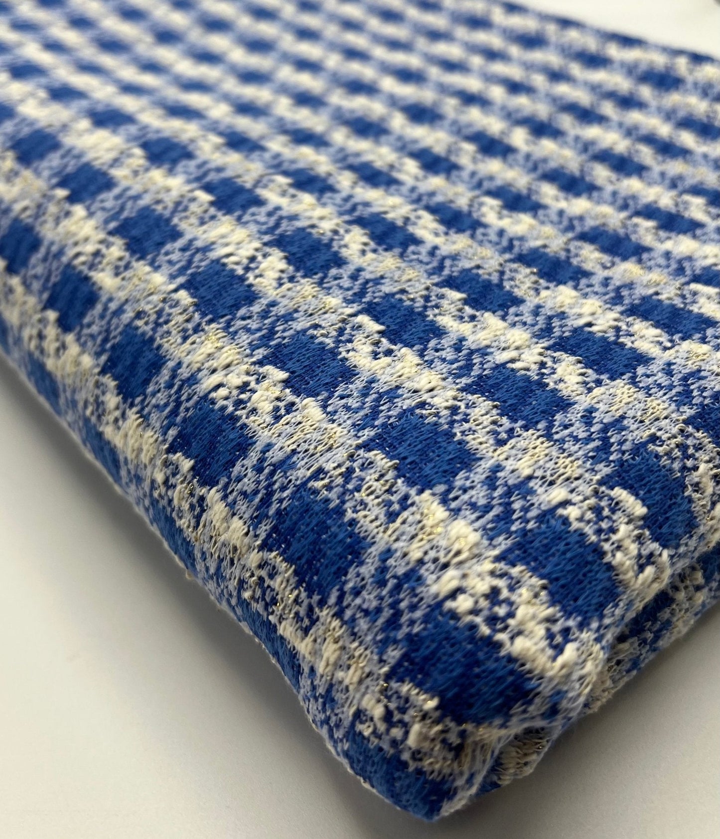 Blue White Gingham Gold Speckles Jacquard Stretch Fabric