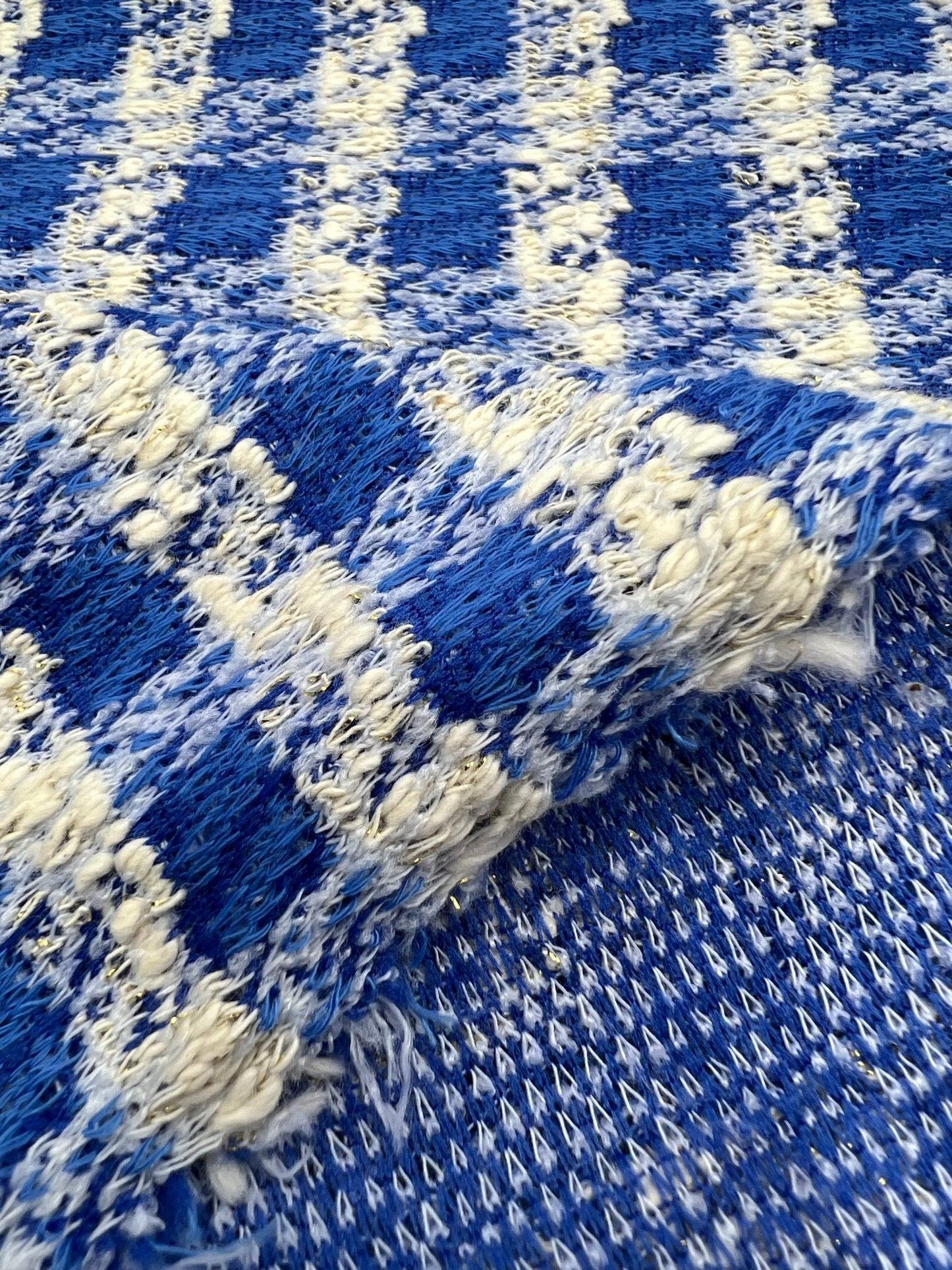 Blue White Gingham Gold Speckles Jacquard Stretch Fabric