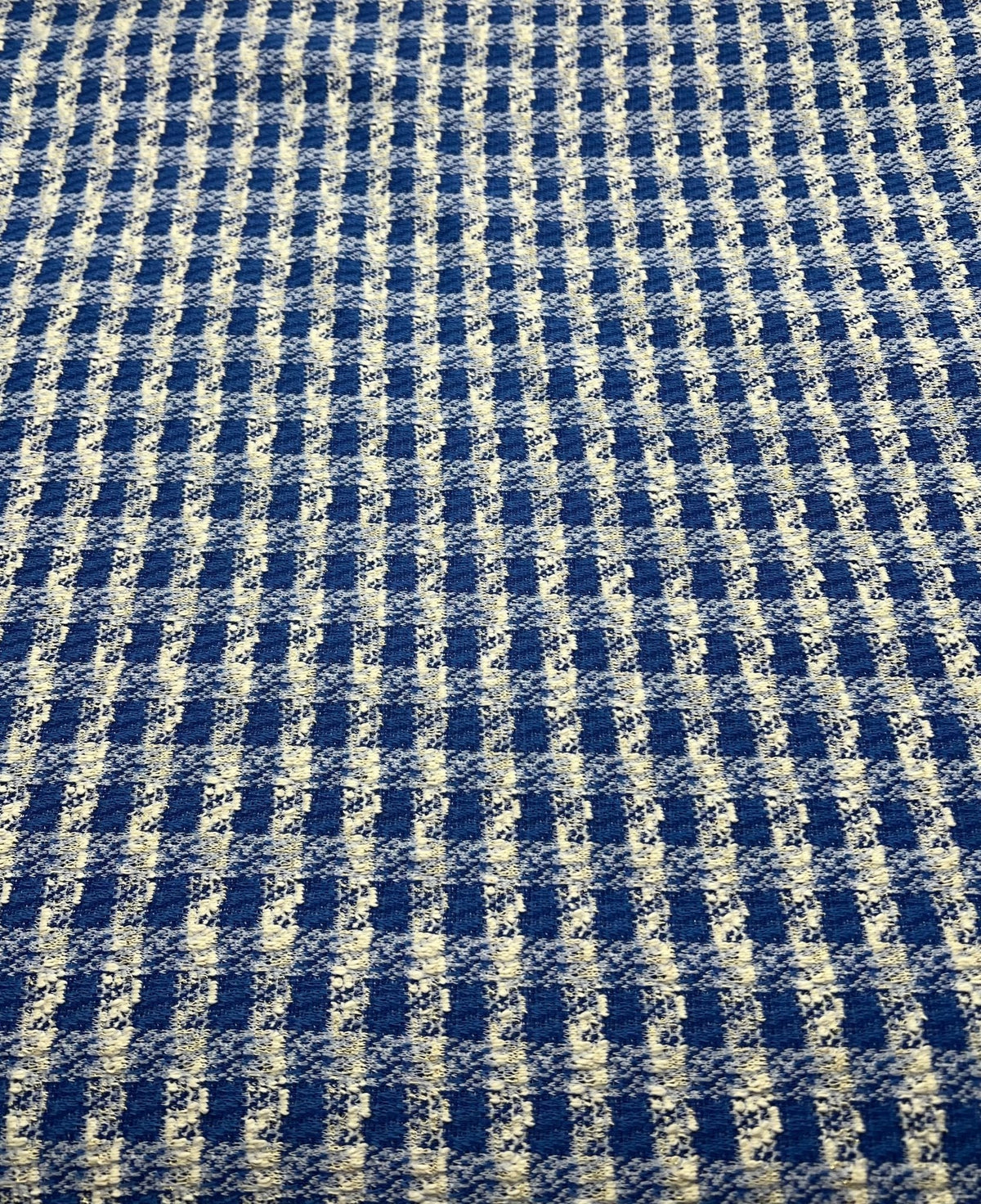 Blue White Gingham Gold Speckles Jacquard Stretch Fabric