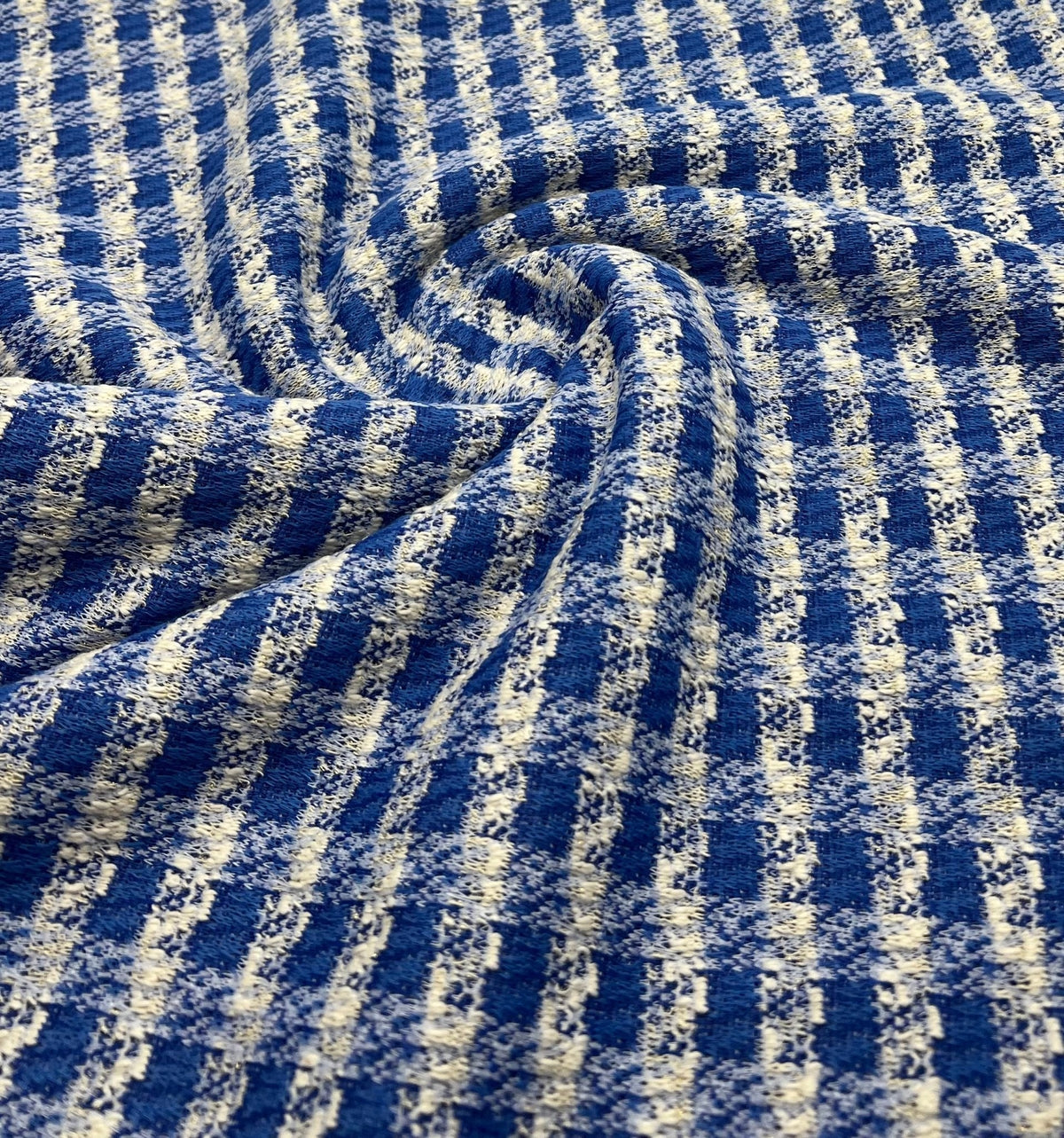 Blue White Gingham Gold Speckles Jacquard Stretch Fabric