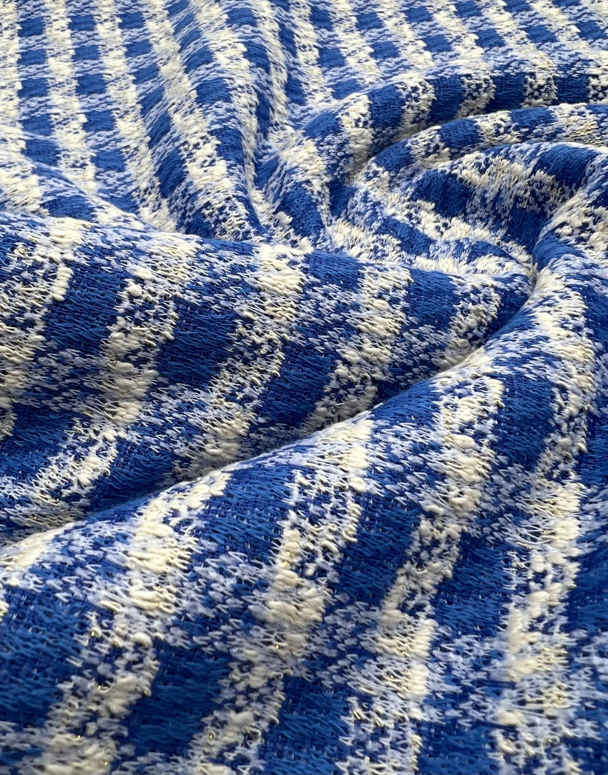 Blue White Gingham Gold Speckles Jacquard Stretch Fabric