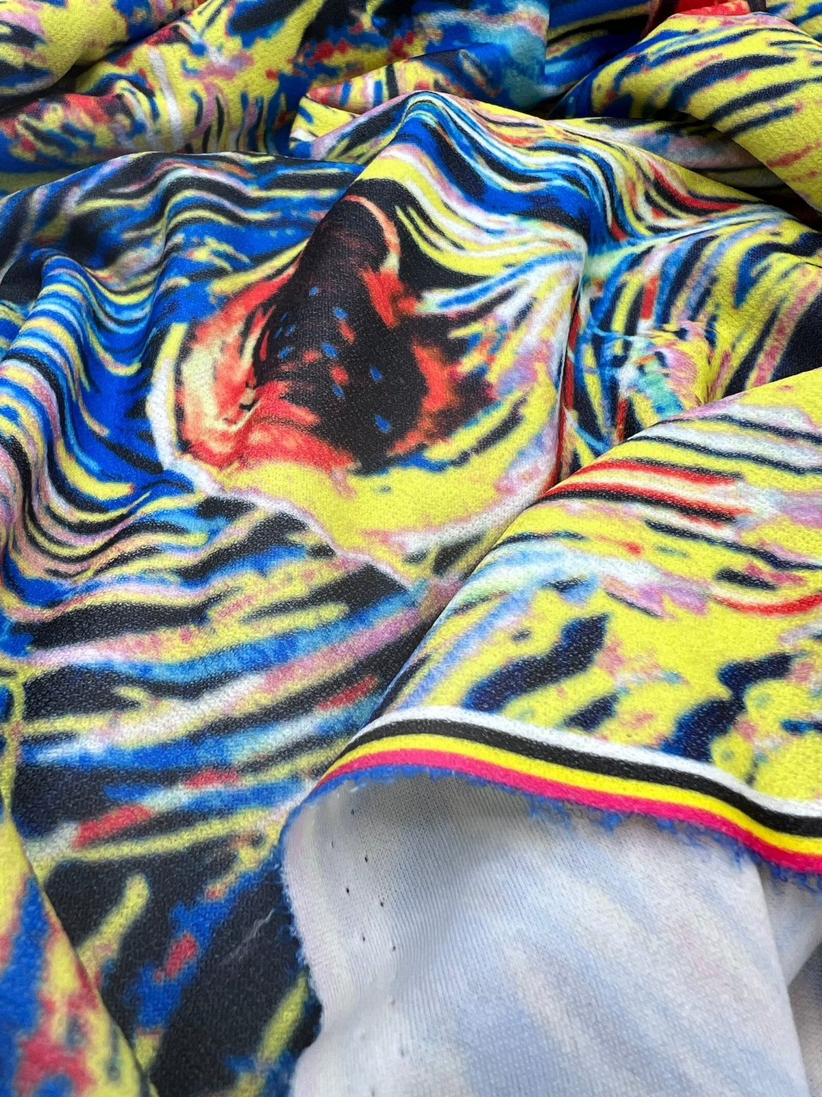 Blue Yellow Mix Print Lightweight Jersey Crepe Fabric 4 Way Stretch