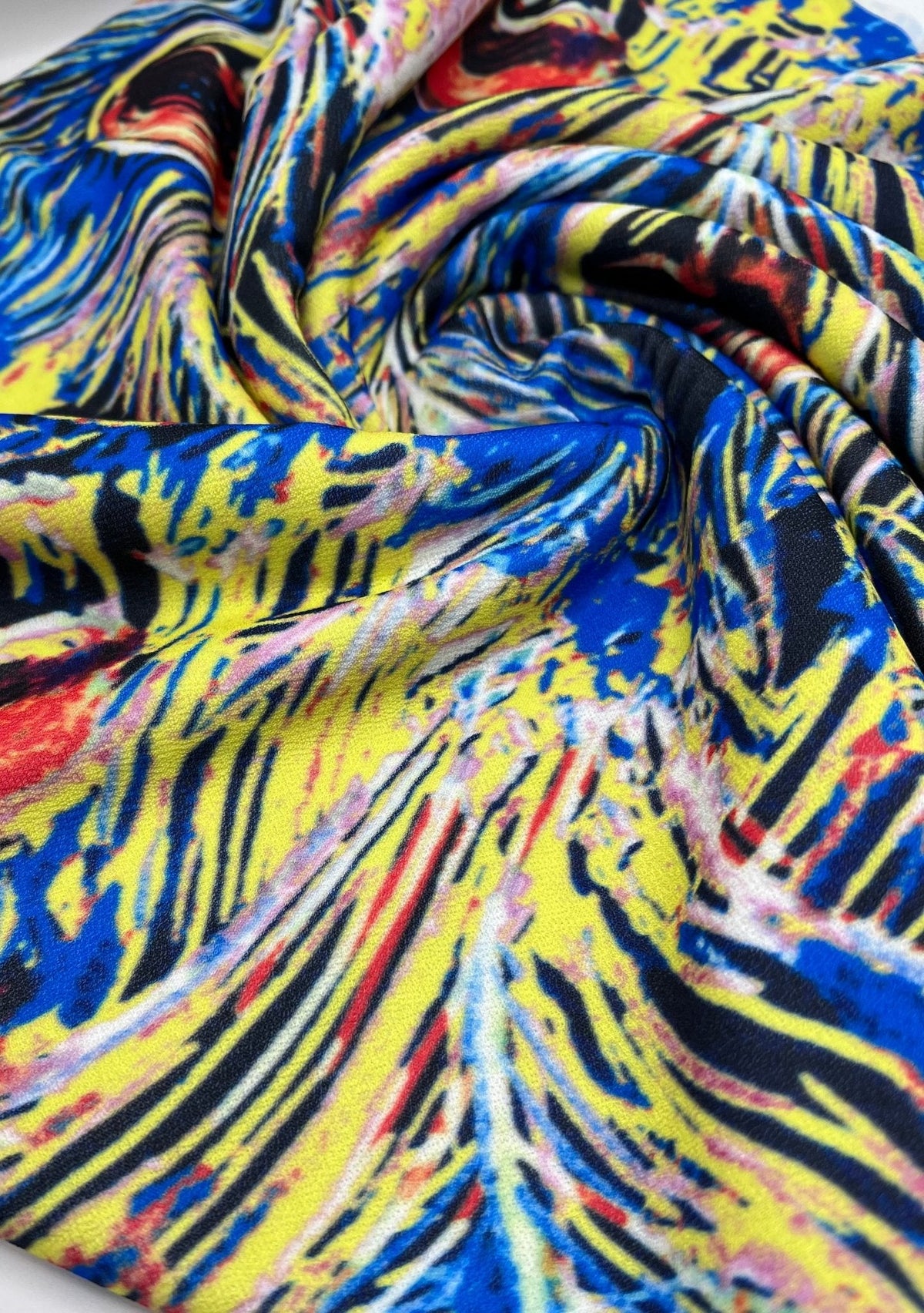 Blue Yellow Mix Print Lightweight Jersey Crepe Fabric 4 Way Stretch