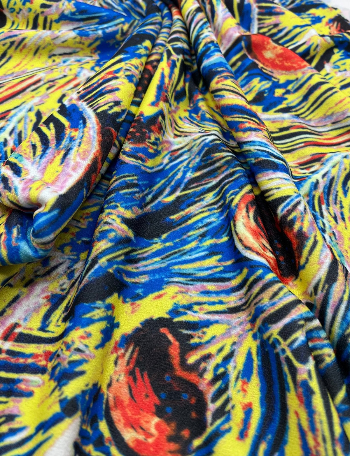 Blue Yellow Mix Print Lightweight Jersey Crepe Fabric 4 Way Stretch
