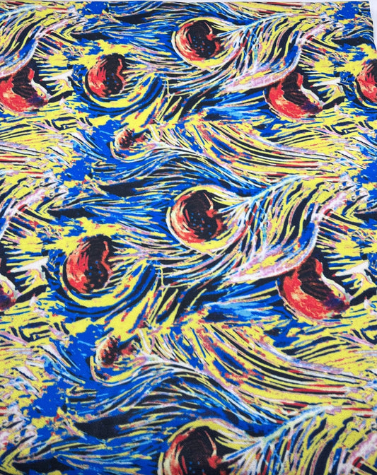 Blue Yellow Mix Print Lightweight Jersey Crepe Fabric 4 Way Stretch