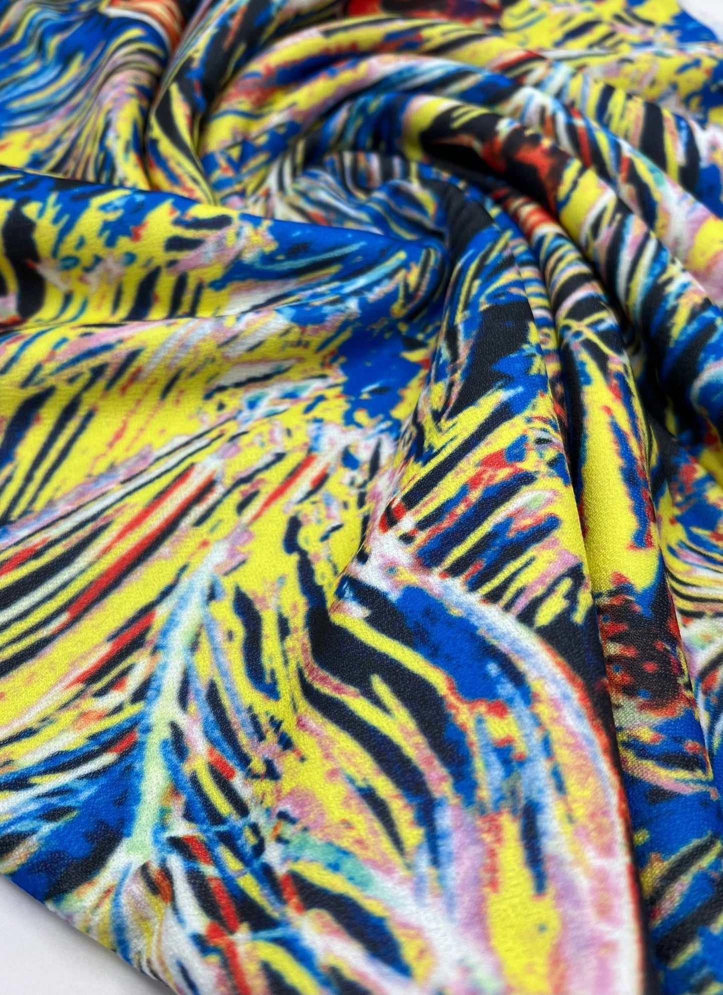 Blue Yellow Mix Print Lightweight Jersey Crepe Fabric 4 Way Stretch