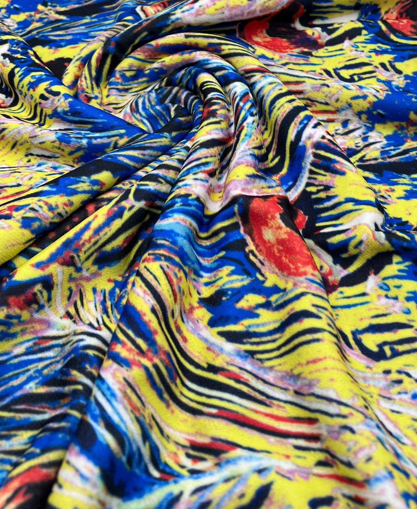 Blue Yellow Mix Print Lightweight Jersey Crepe Fabric 4 Way Stretch