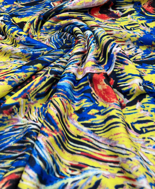 Blue Yellow Mix Print Lightweight Jersey Crepe Fabric 4 Way Stretch