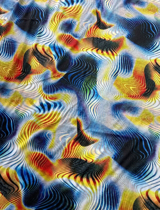 Blue Yellow Mix Print Polyester Stretch Jersey
