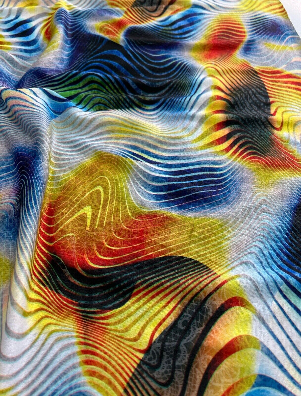 Blue Yellow Mix Print Polyester Stretch Jersey
