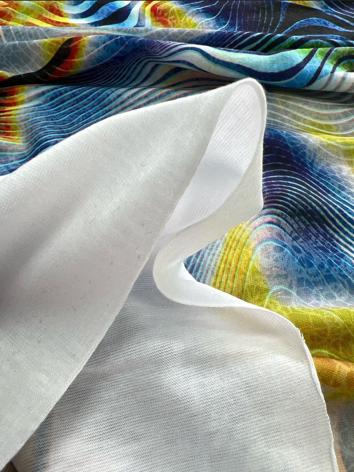 Blue Yellow Mix Print Polyester Stretch Jersey