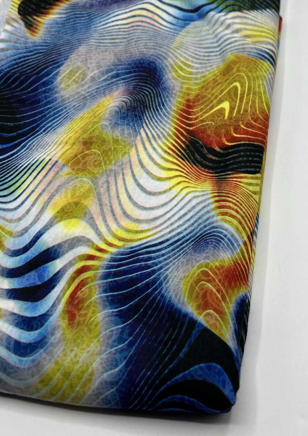Blue Yellow Mix Print Polyester Stretch Jersey