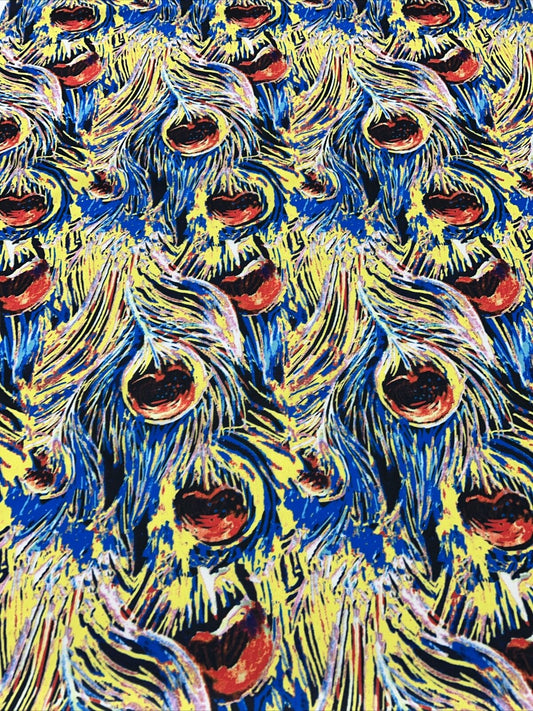 Blue Yellow Mix Printed Scuba Crepe Jersey Fabric 4 Way Stretch