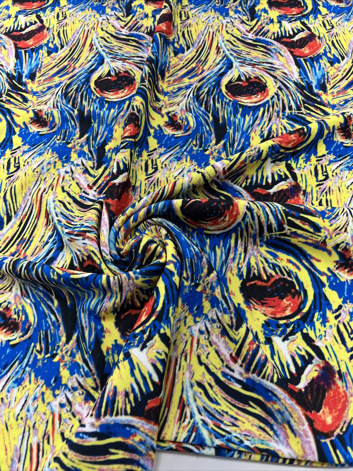 Blue Yellow Mix Printed Scuba Crepe Jersey Fabric 4 Way Stretch