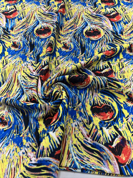 Blue Yellow Mix Printed Scuba Crepe Jersey Fabric 4 Way Stretch