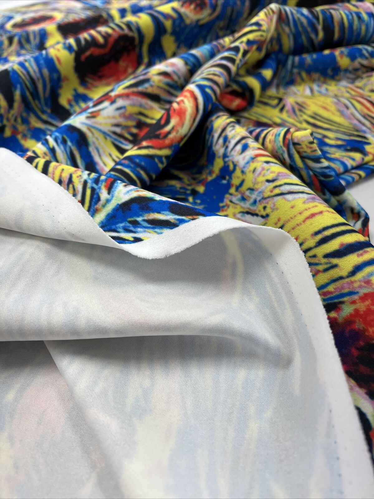 Blue Yellow Mix Printed Scuba Crepe Jersey Fabric 4 Way Stretch