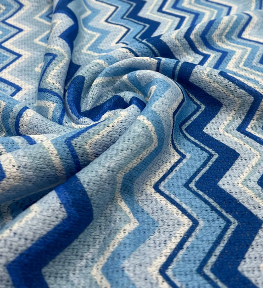Blue Zigzag Knitted 4 Way Stretch Fabric