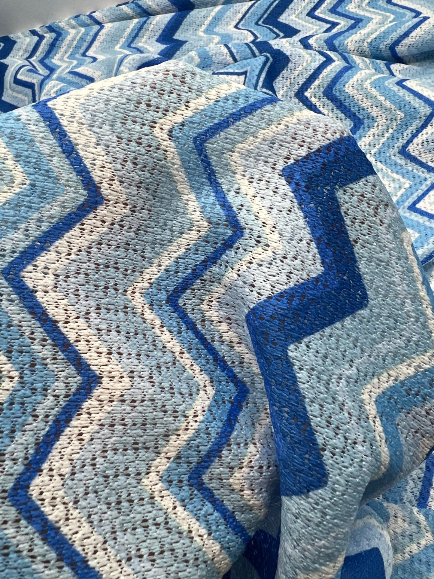 Blue Zigzag Knitted 4 Way Stretch Fabric