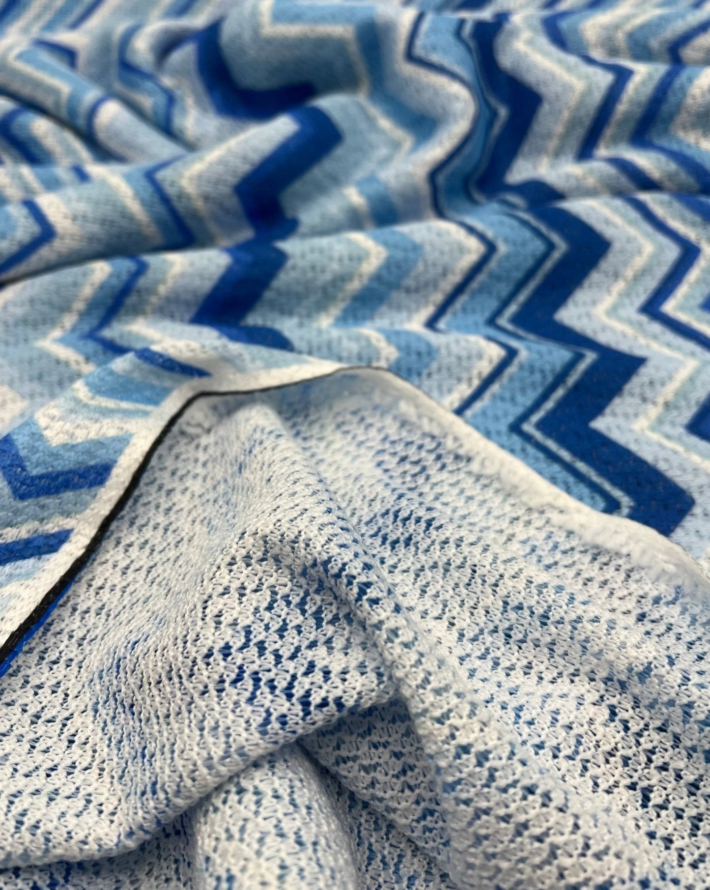 Blue Zigzag Knitted 4 Way Stretch Fabric