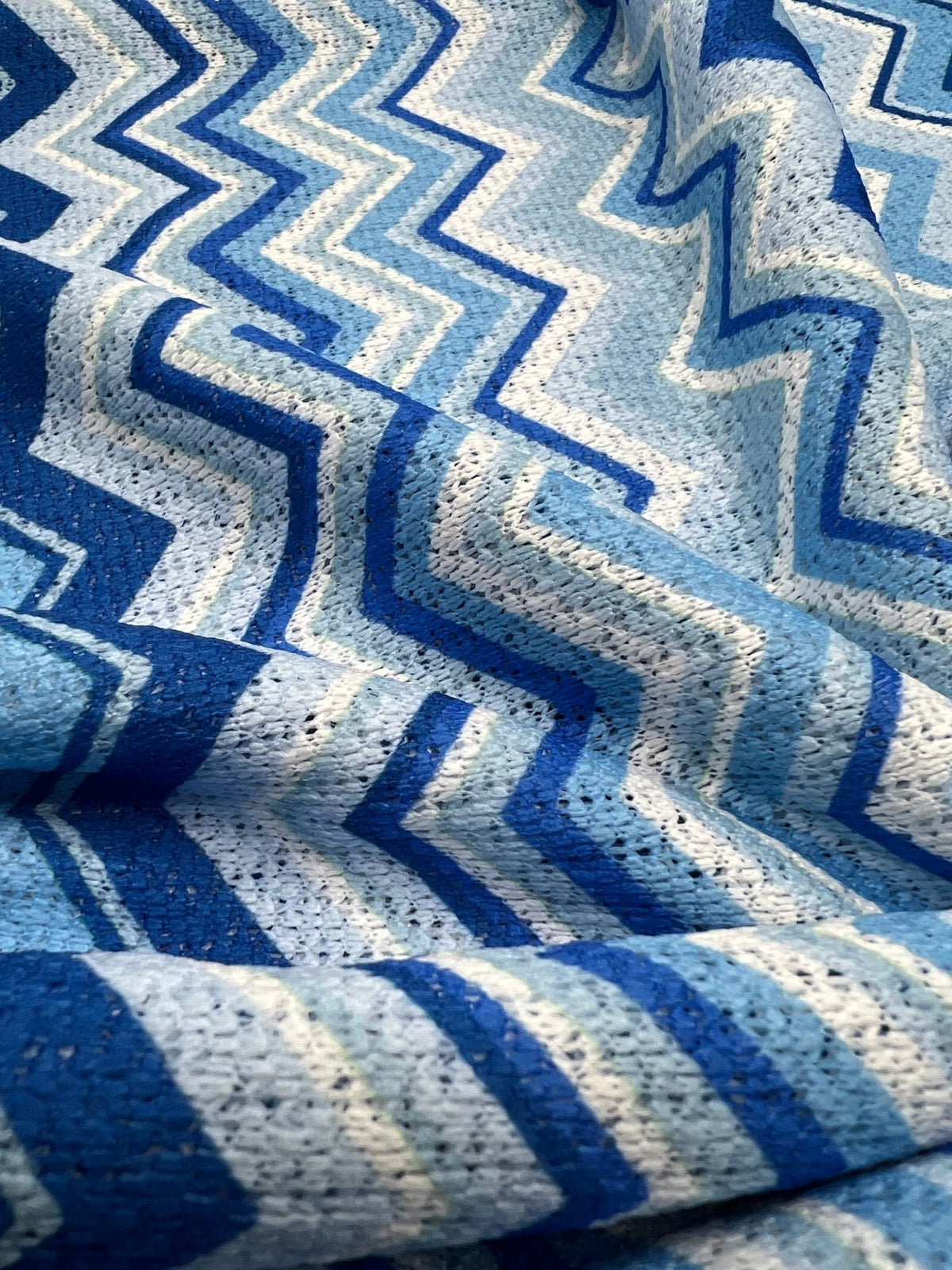 Blue Zigzag Knitted 4 Way Stretch Fabric