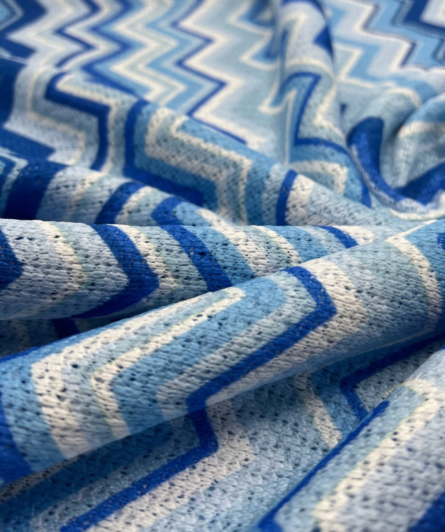 Blue Zigzag Knitted 4 Way Stretch Fabric