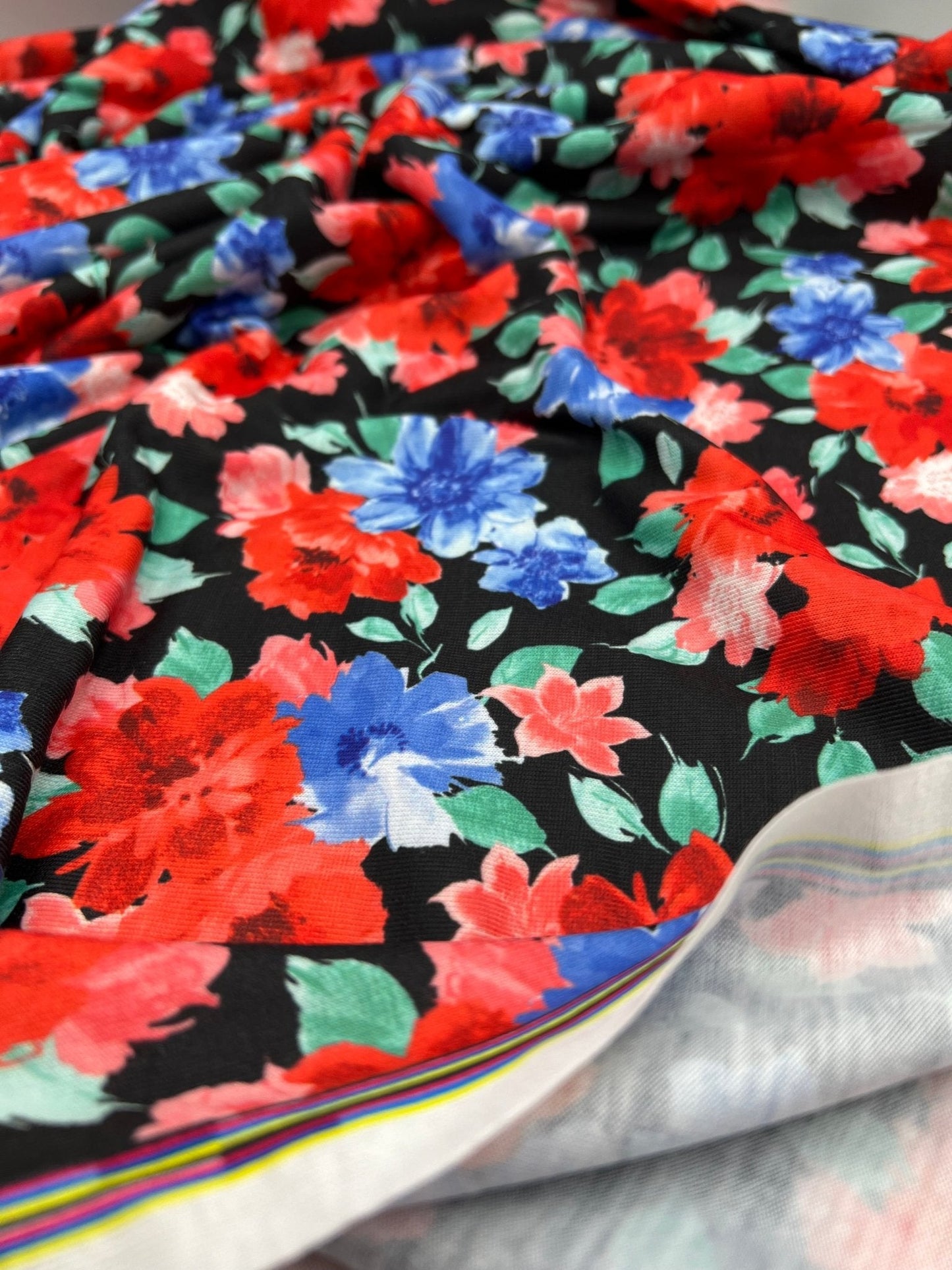 Bold Red & Blue Flower Print Spun Poly Stretch Fabric