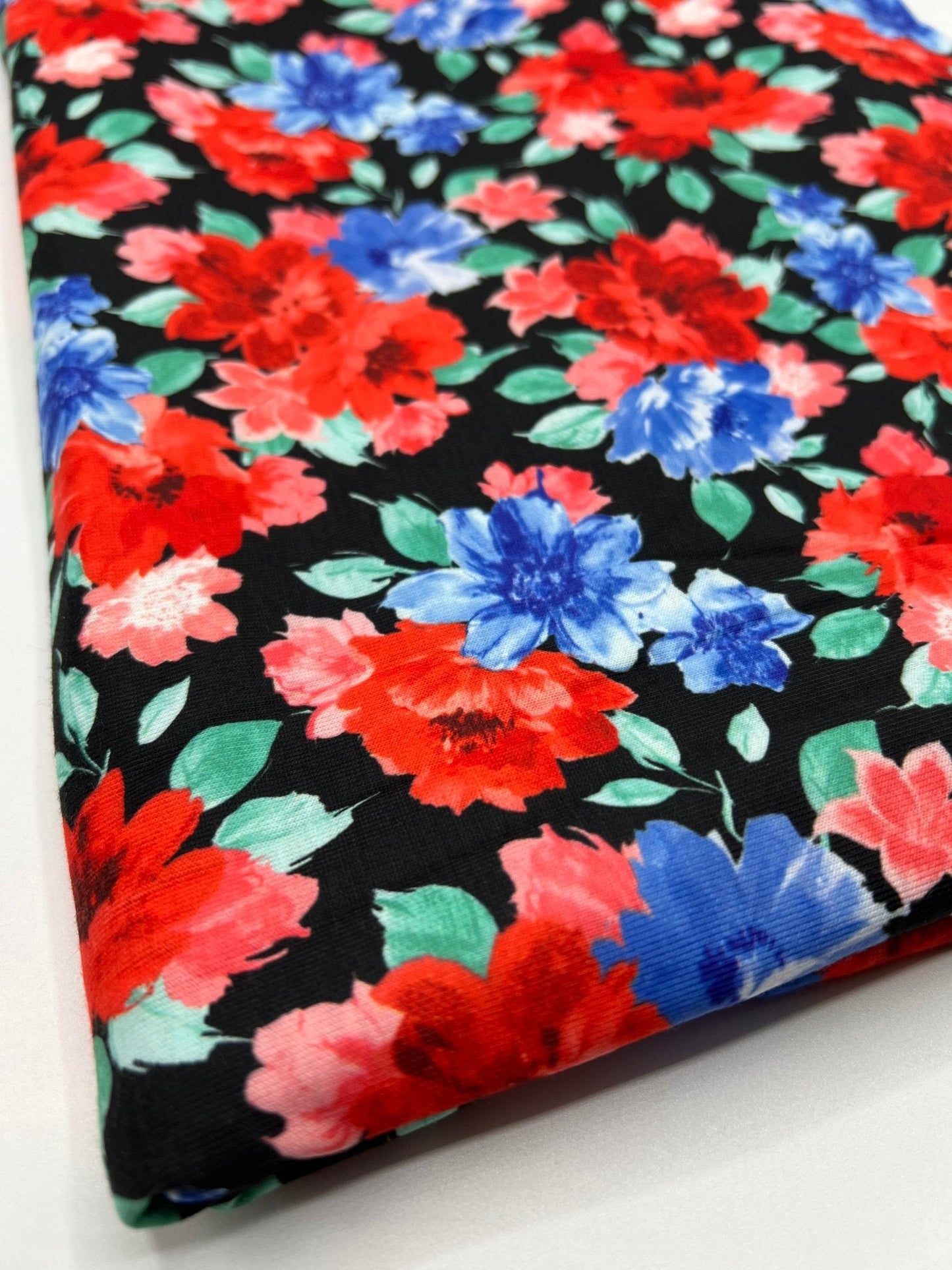 Bold Red & Blue Flower Print Spun Poly Stretch Fabric