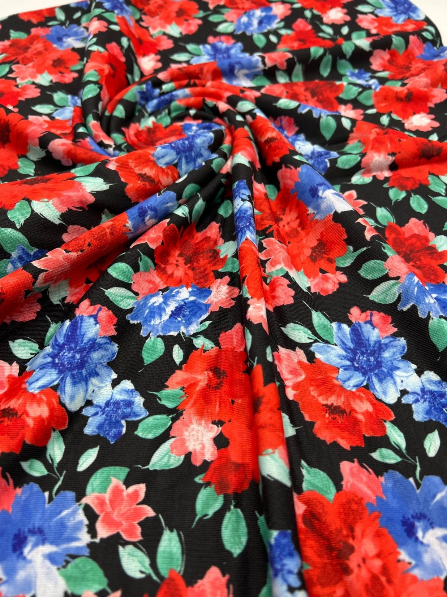 Bold Red & Blue Flower Print Spun Poly Stretch Fabric
