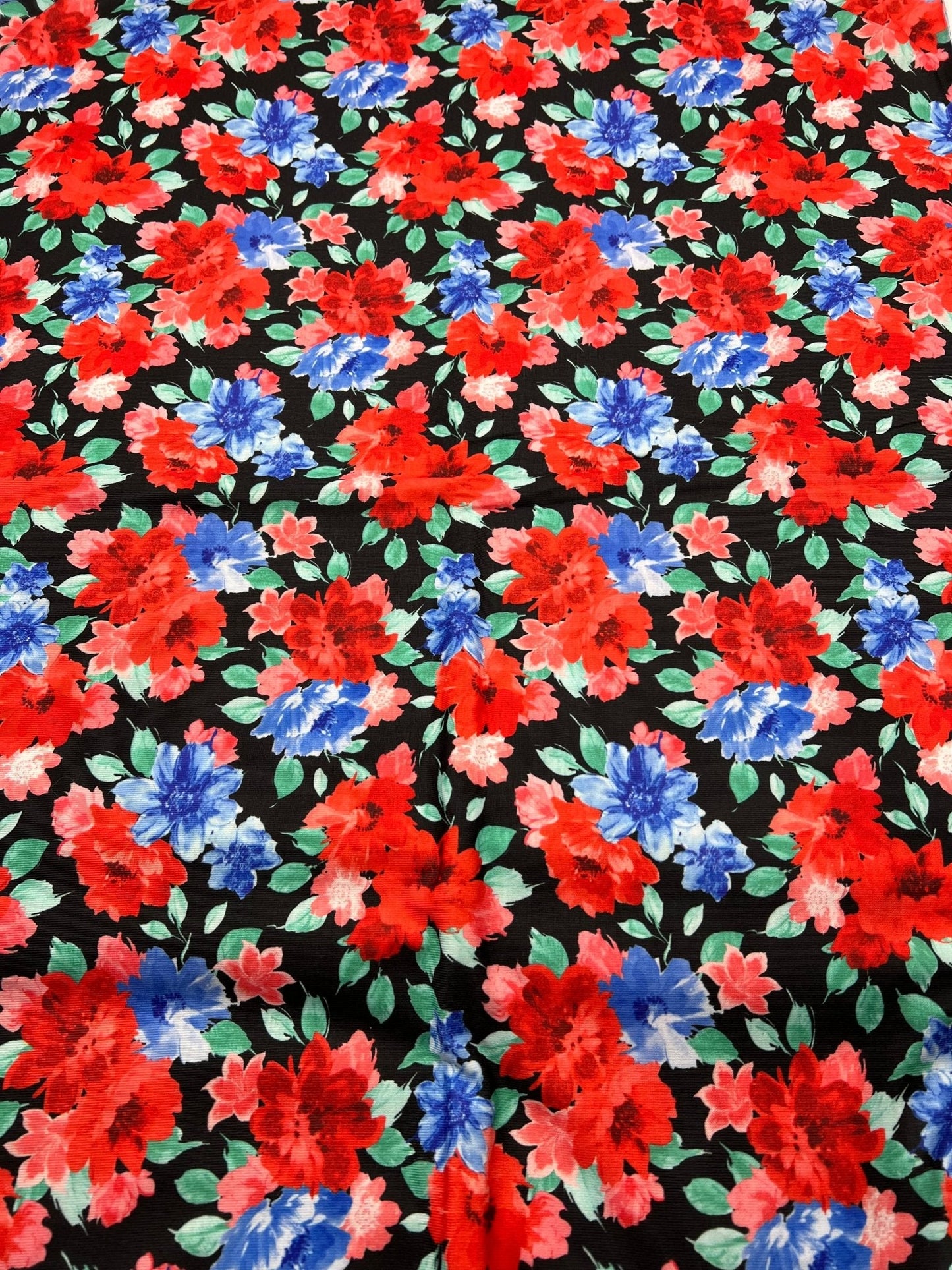 Bold Red & Blue Flower Print Spun Poly Stretch Fabric
