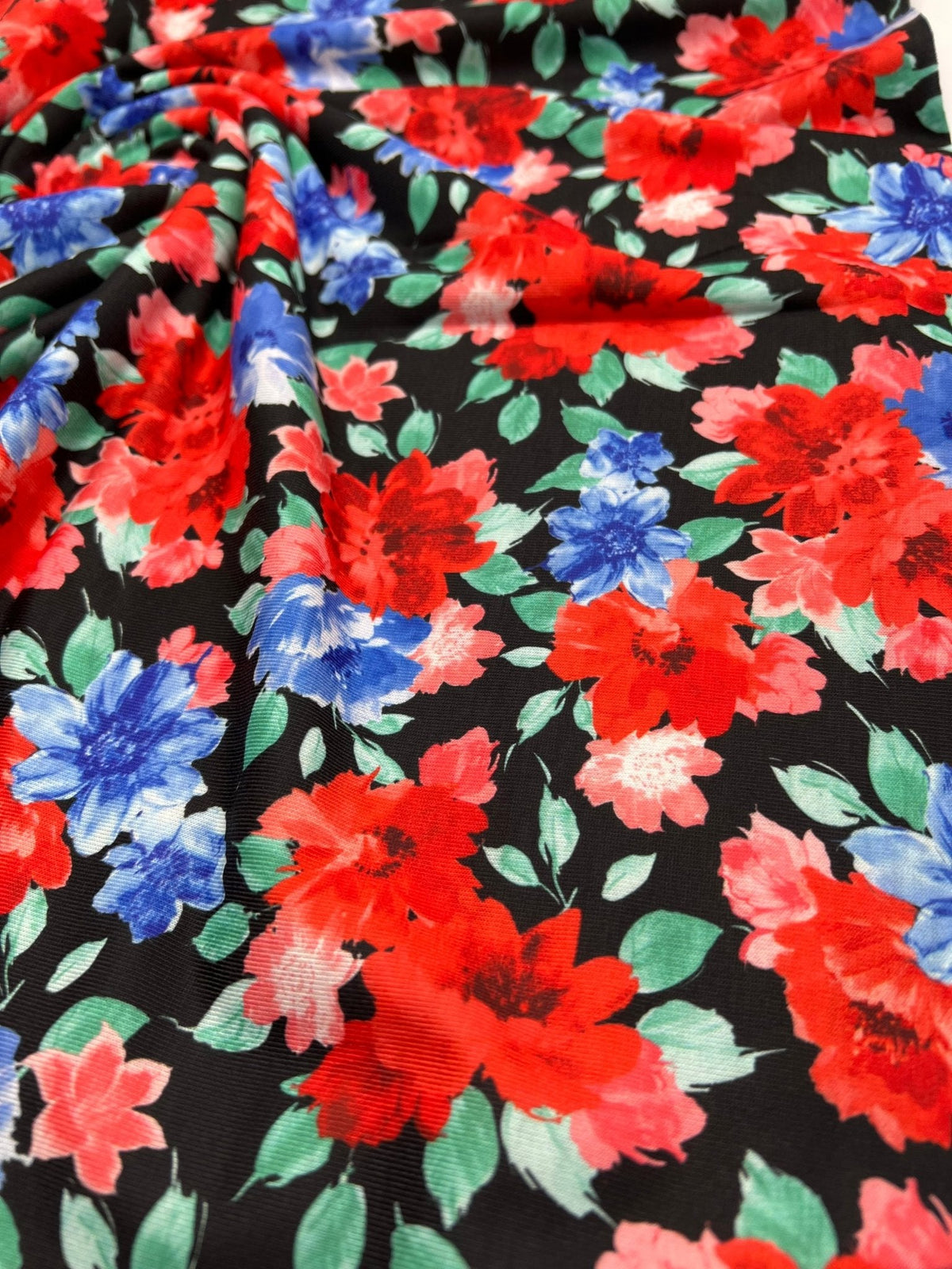 Bold Red & Blue Flower Print Spun Poly Stretch Fabric
