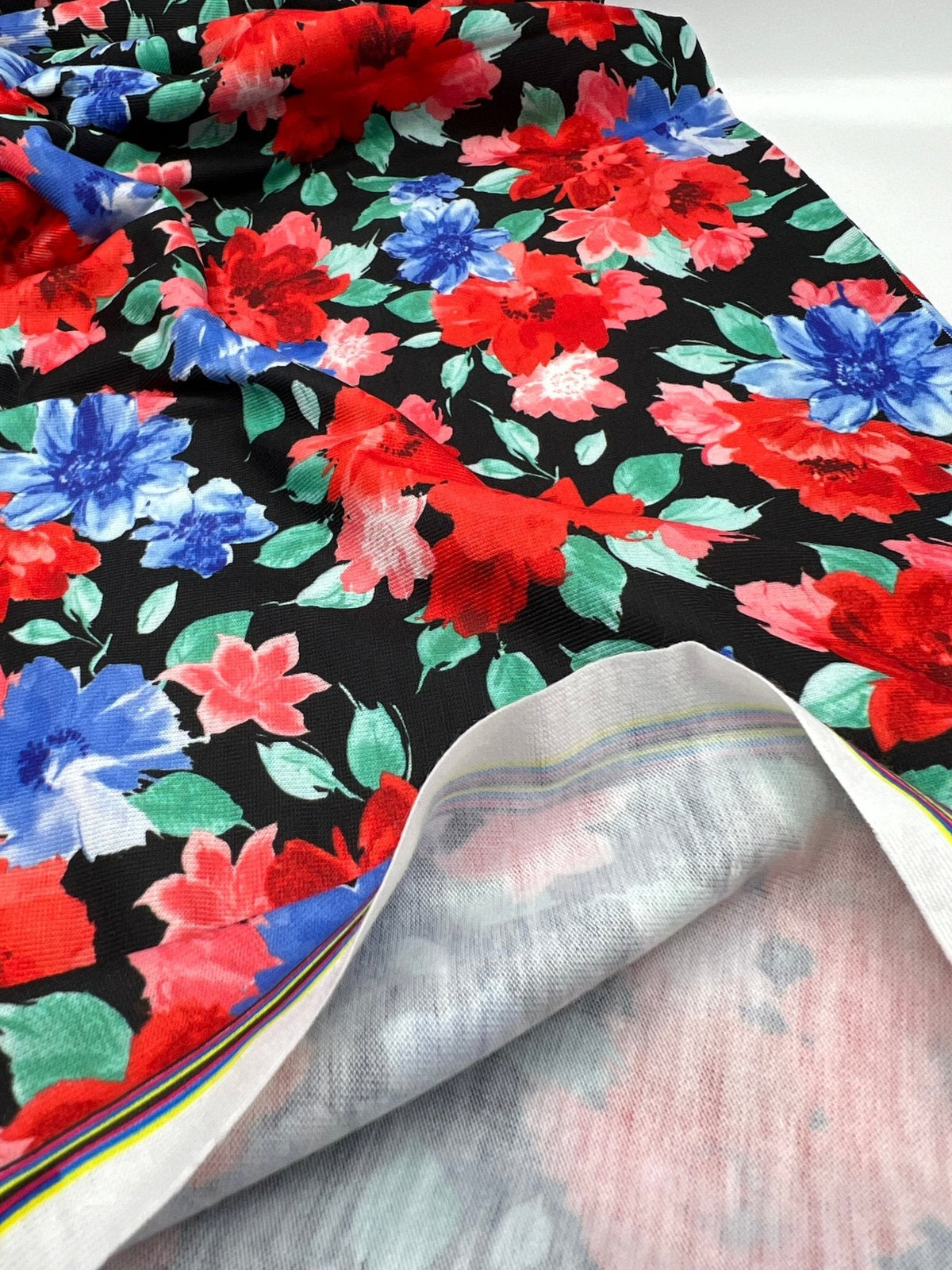Bold Red & Blue Flower Print Spun Poly Stretch Fabric