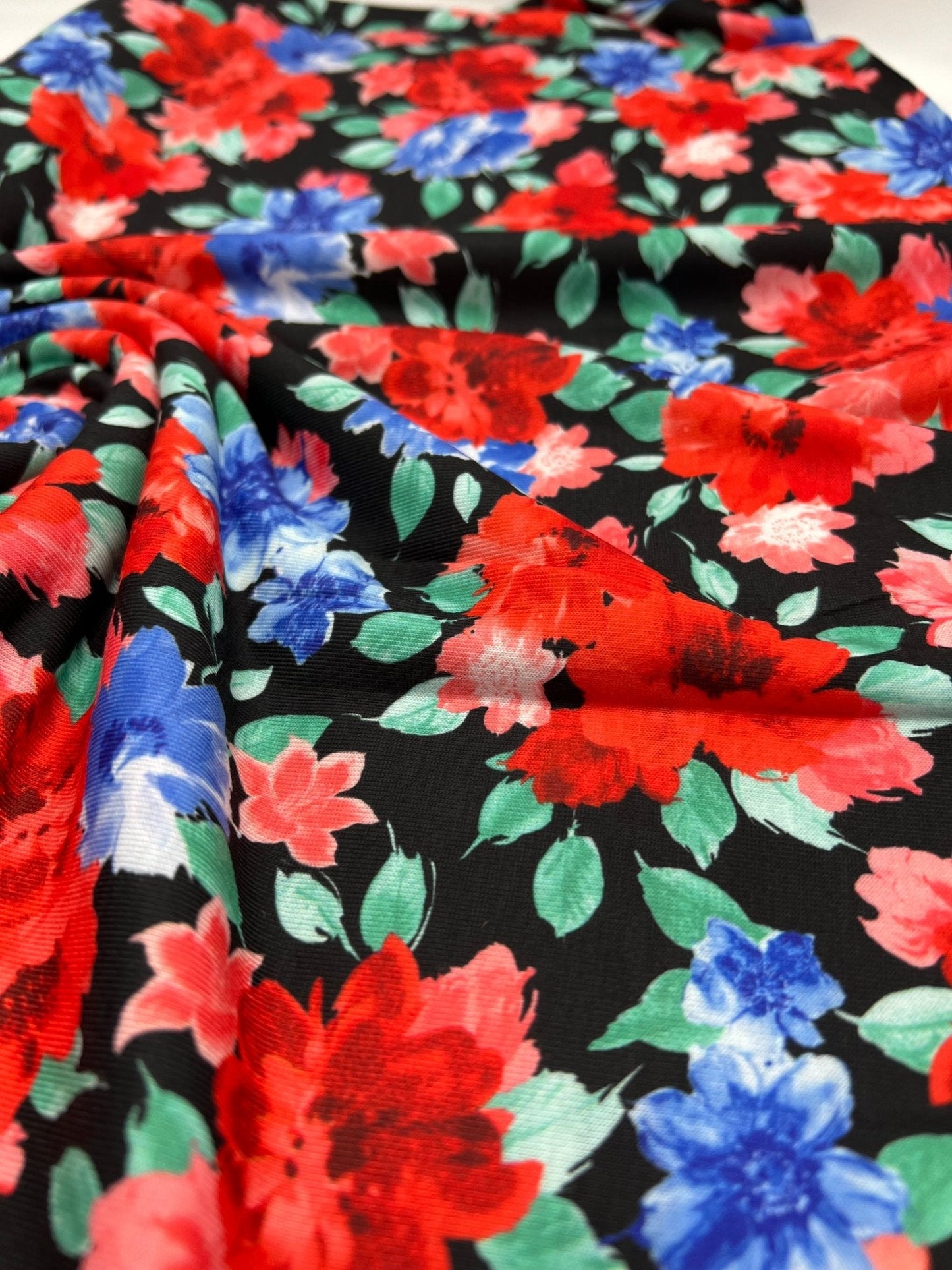 Bold Red & Blue Flower Print Spun Poly Stretch Fabric