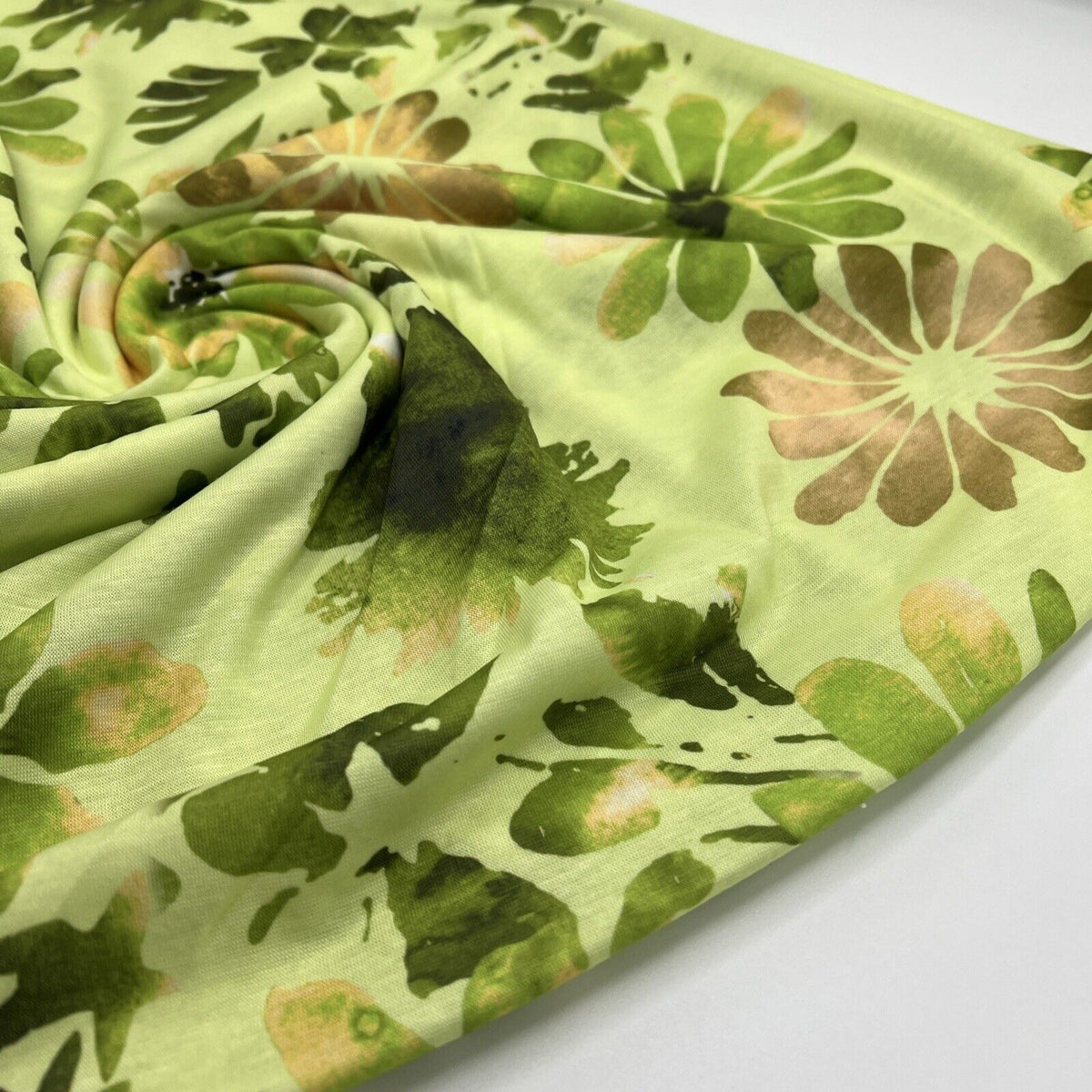 Bright Green Floral Print Spun Poly Stretch Fabric