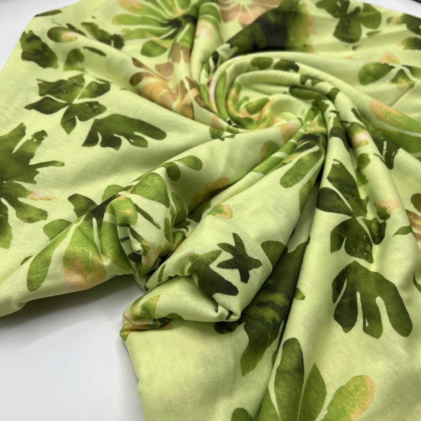 Bright Green Floral Print Spun Poly Stretch Fabric