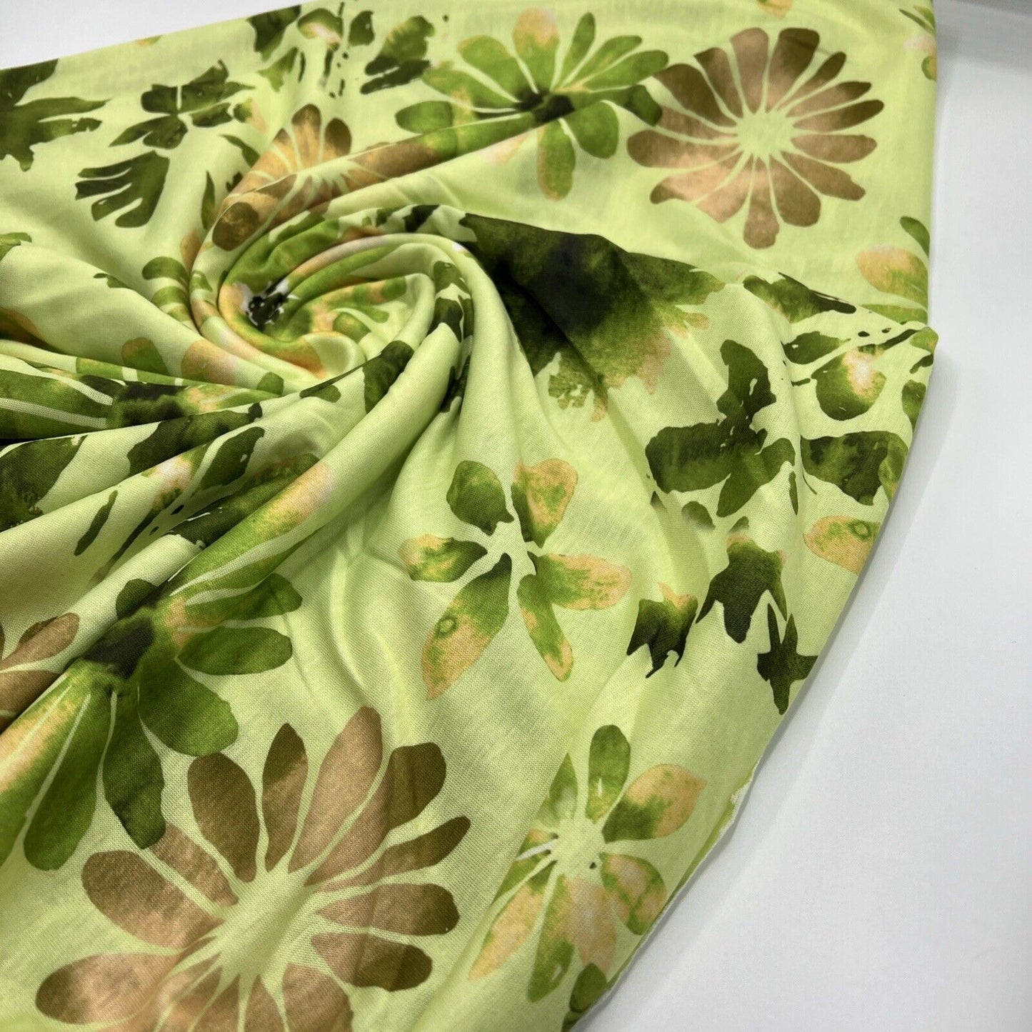 Bright Green Floral Print Spun Poly Stretch Fabric