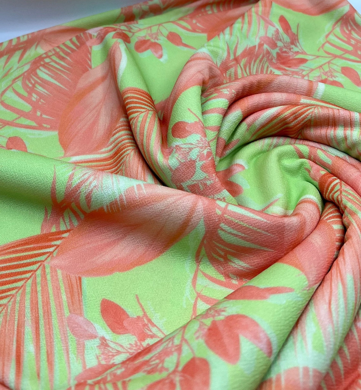 Bright Green & Orange Leaf Print Lightweight Jersey Crepe Fabric 4 Way Stretch