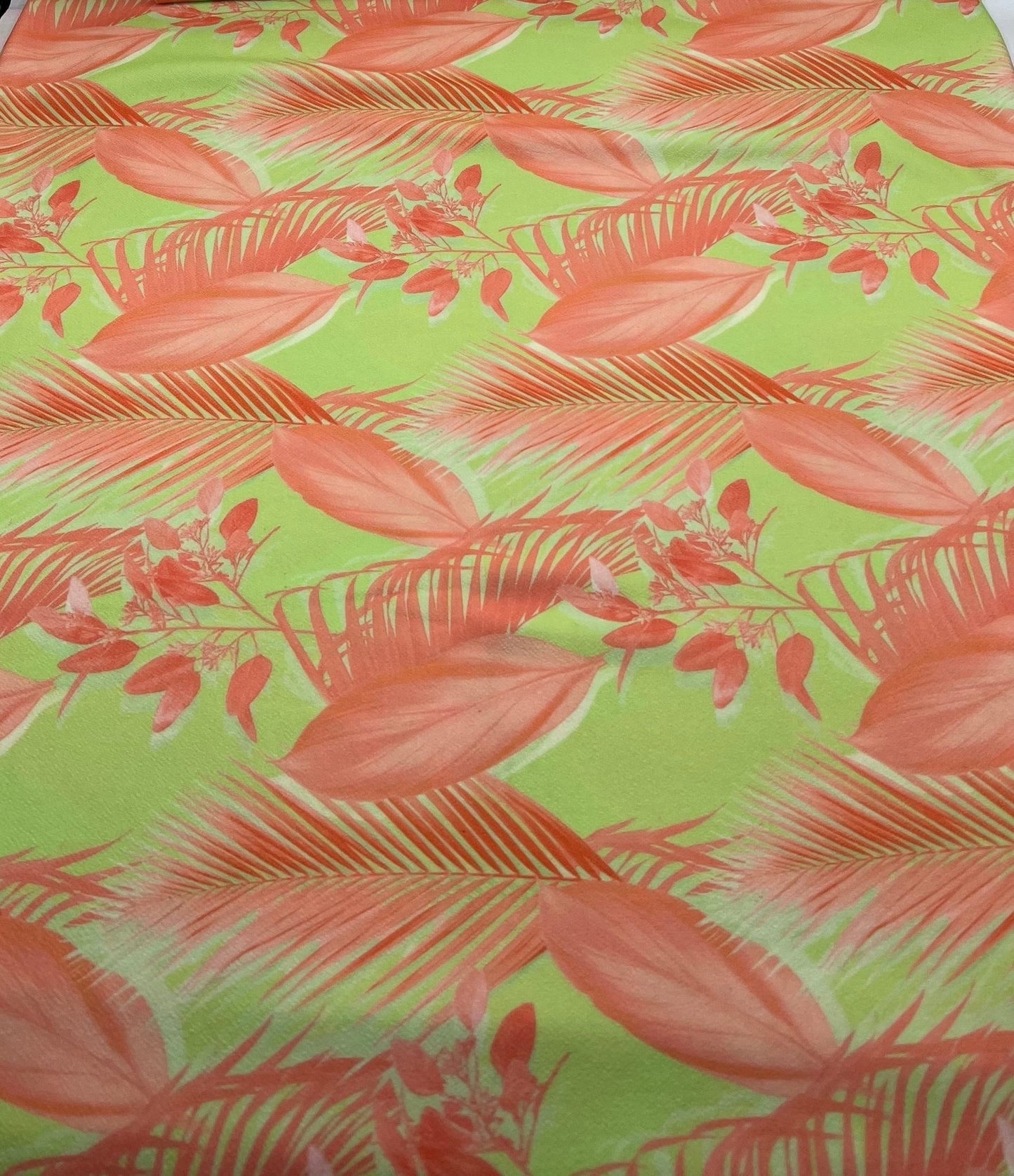 Bright Green & Orange Leaf Print Lightweight Jersey Crepe Fabric 4 Way Stretch