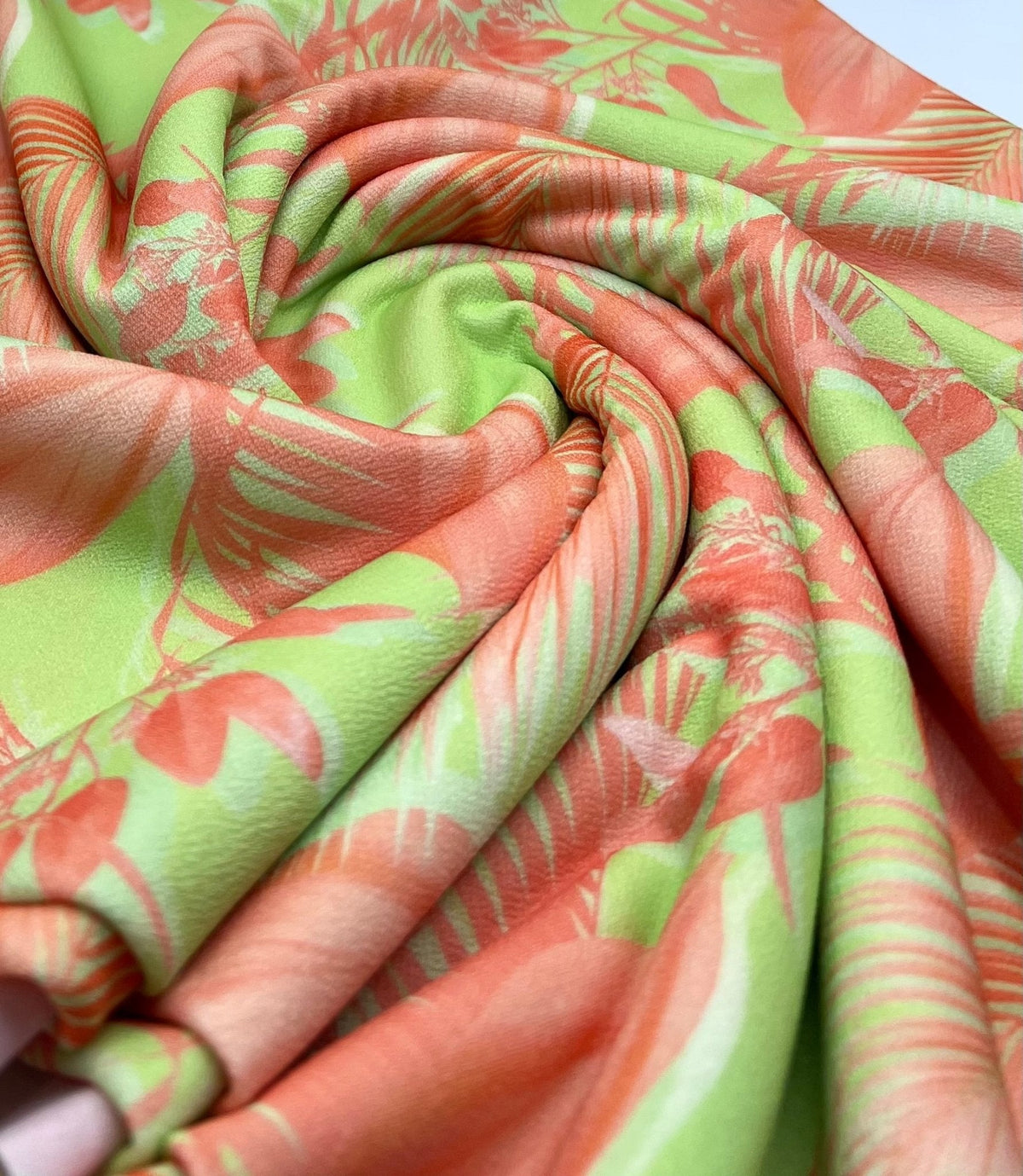 Bright Green & Orange Leaf Print Lightweight Jersey Crepe Fabric 4 Way Stretch