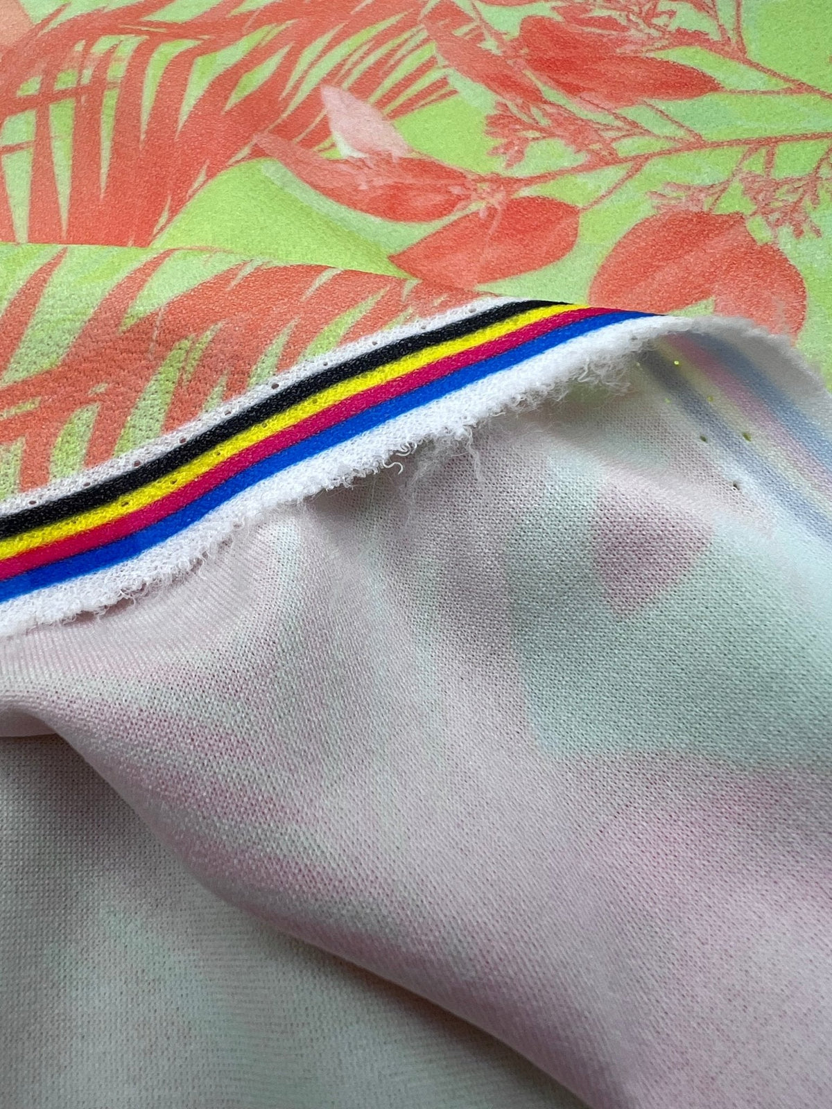 Bright Green & Orange Leaf Print Lightweight Jersey Crepe Fabric 4 Way Stretch