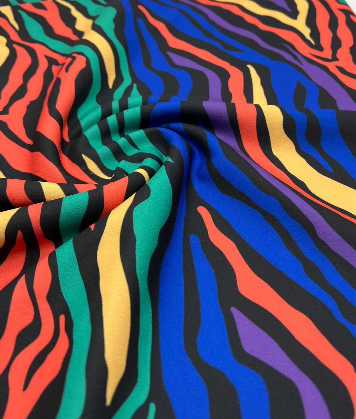Bright Multi Animal Printed Scuba Crepe Jersey Fabric 4 Way Stretch