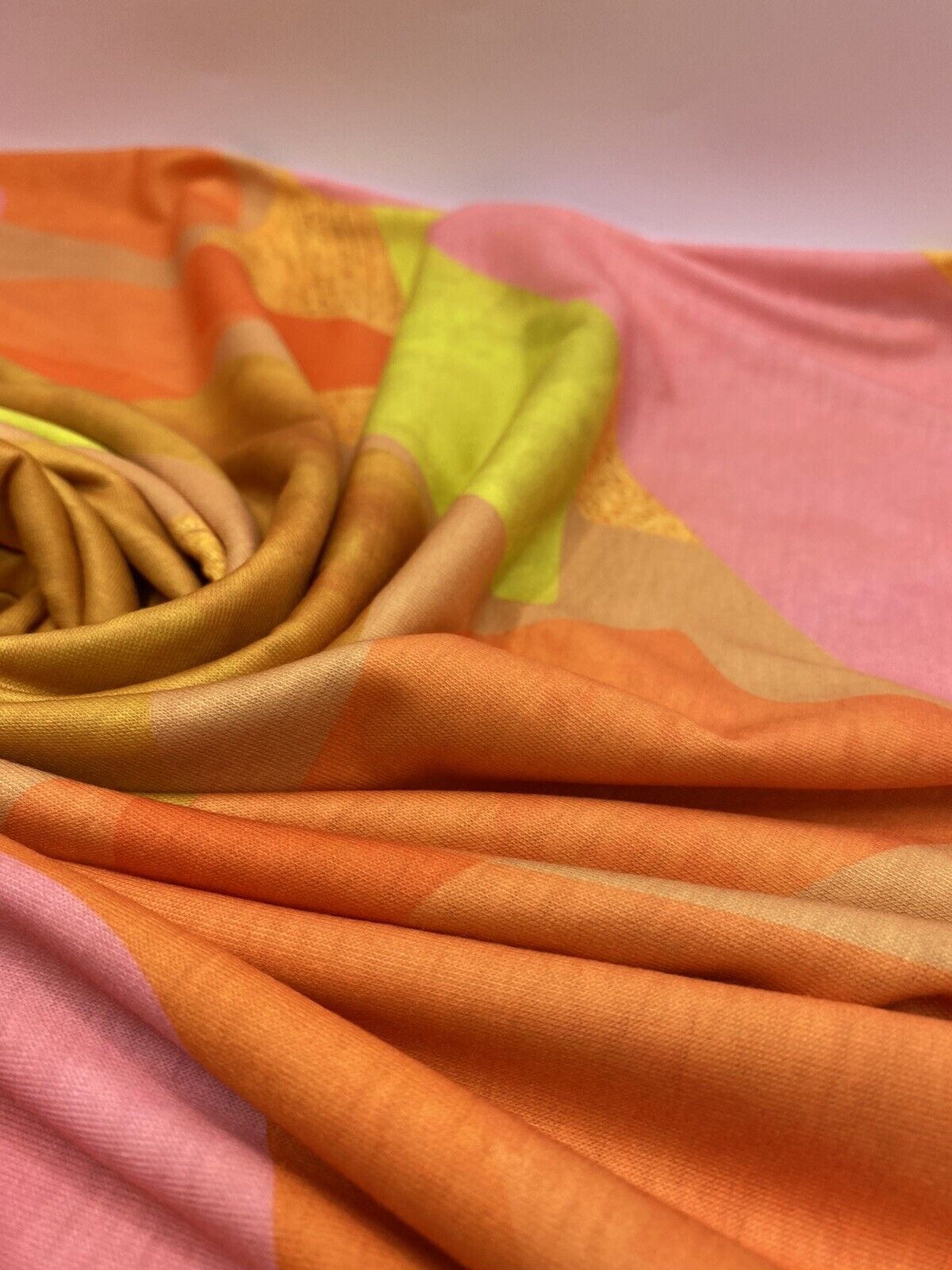 Bright Orange, Pink & Yellow Multi Print Spun Poly Stretch Fabric