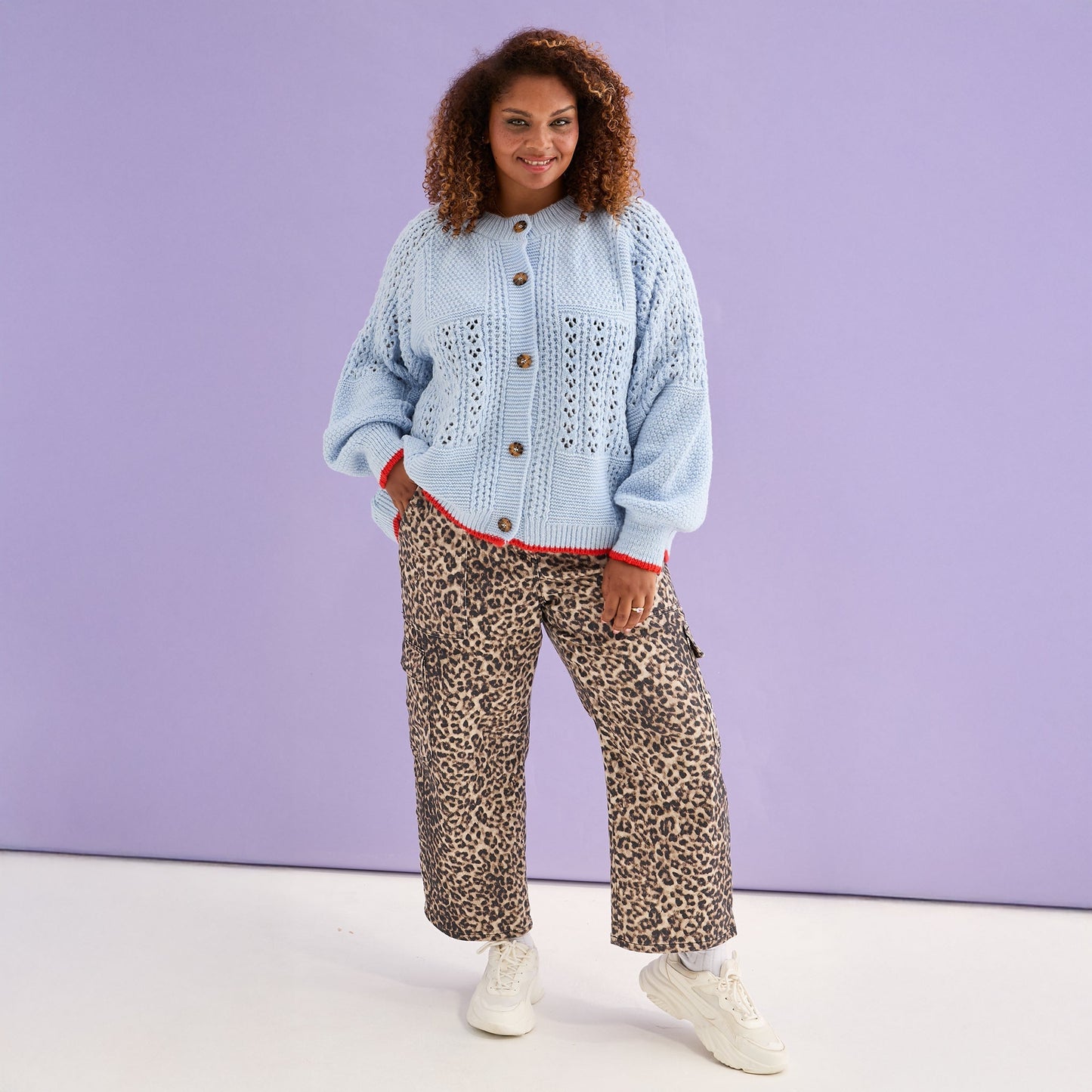 Brigit Pointelle Stitch Balloon Sleeve Cardigan - Blue