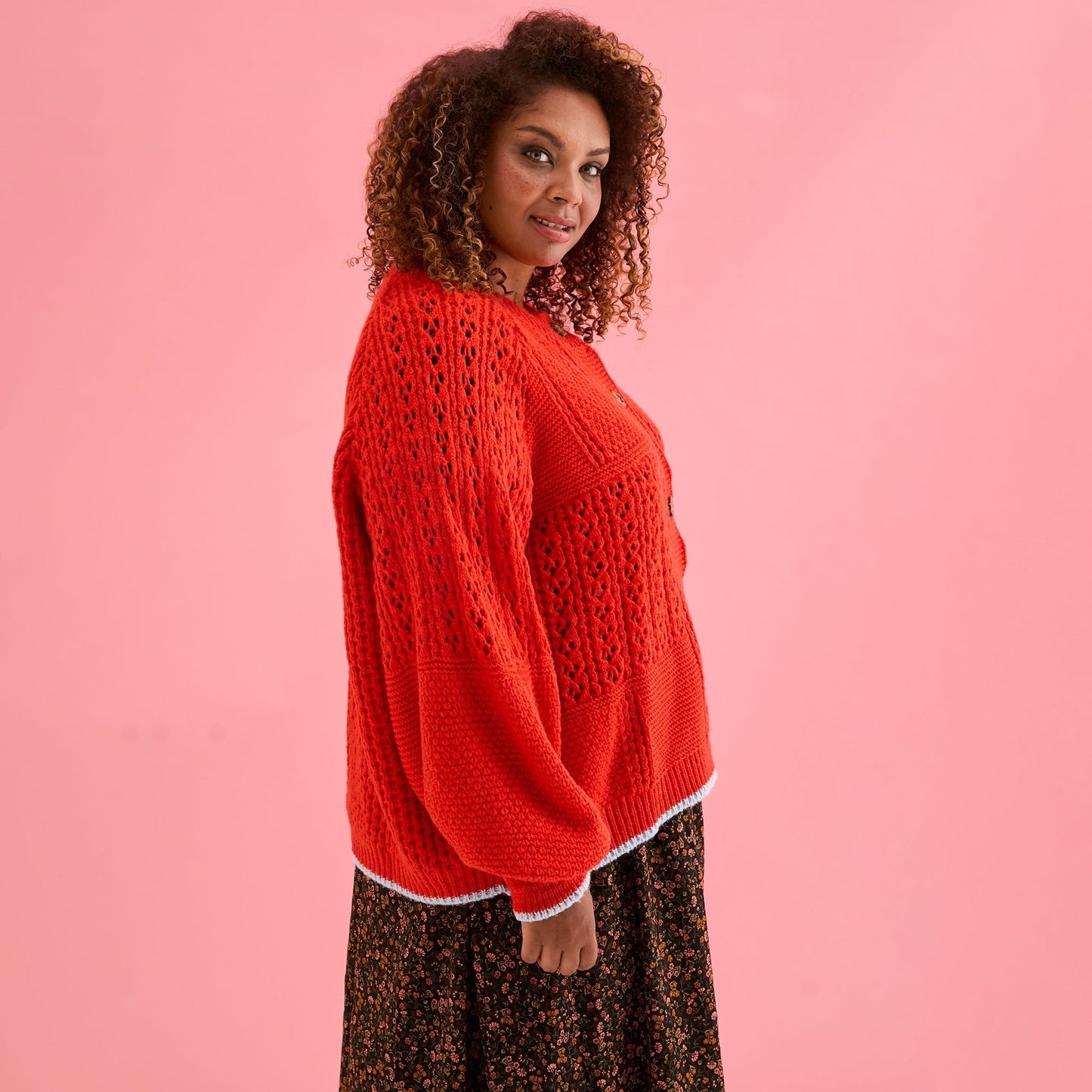 Brigit Pointelle Stitch Balloon Sleeve Cardigan - Orange