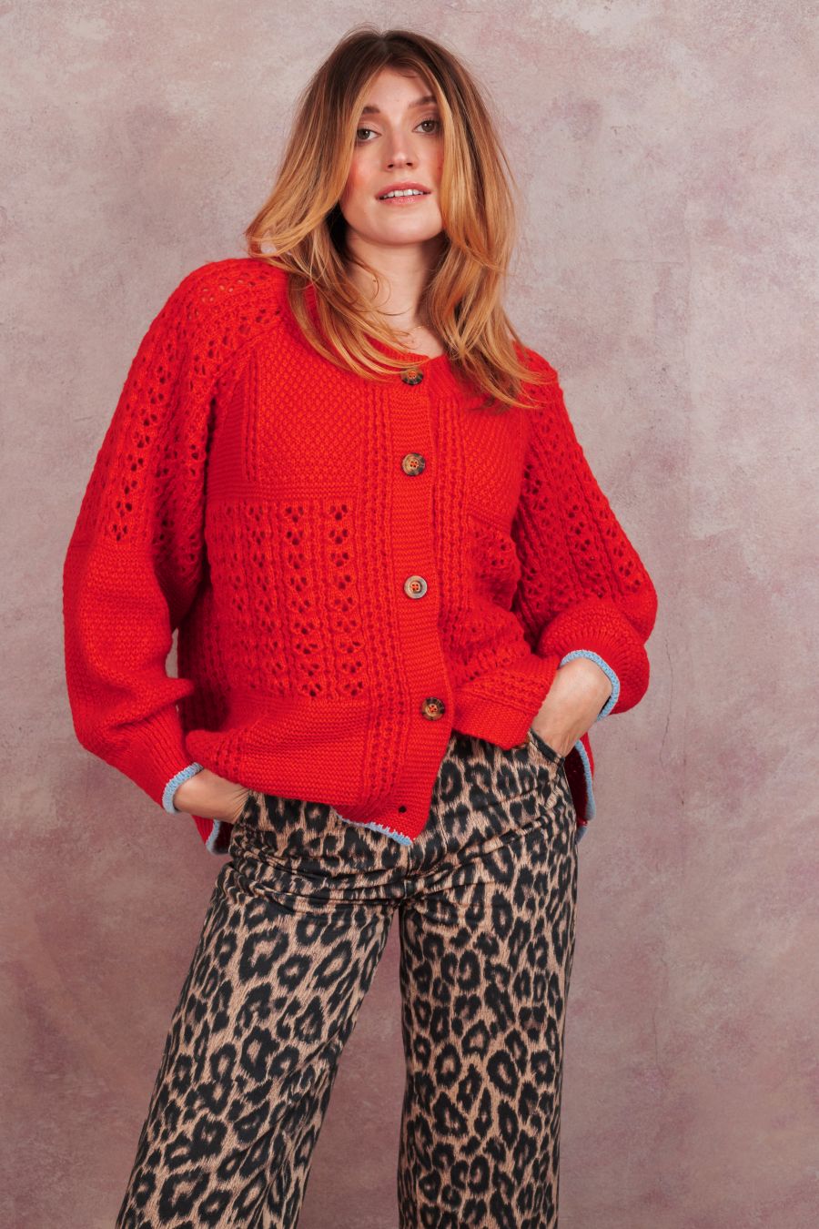 Brigit Pointelle Stitch Balloon Sleeve Cardigan - Orange