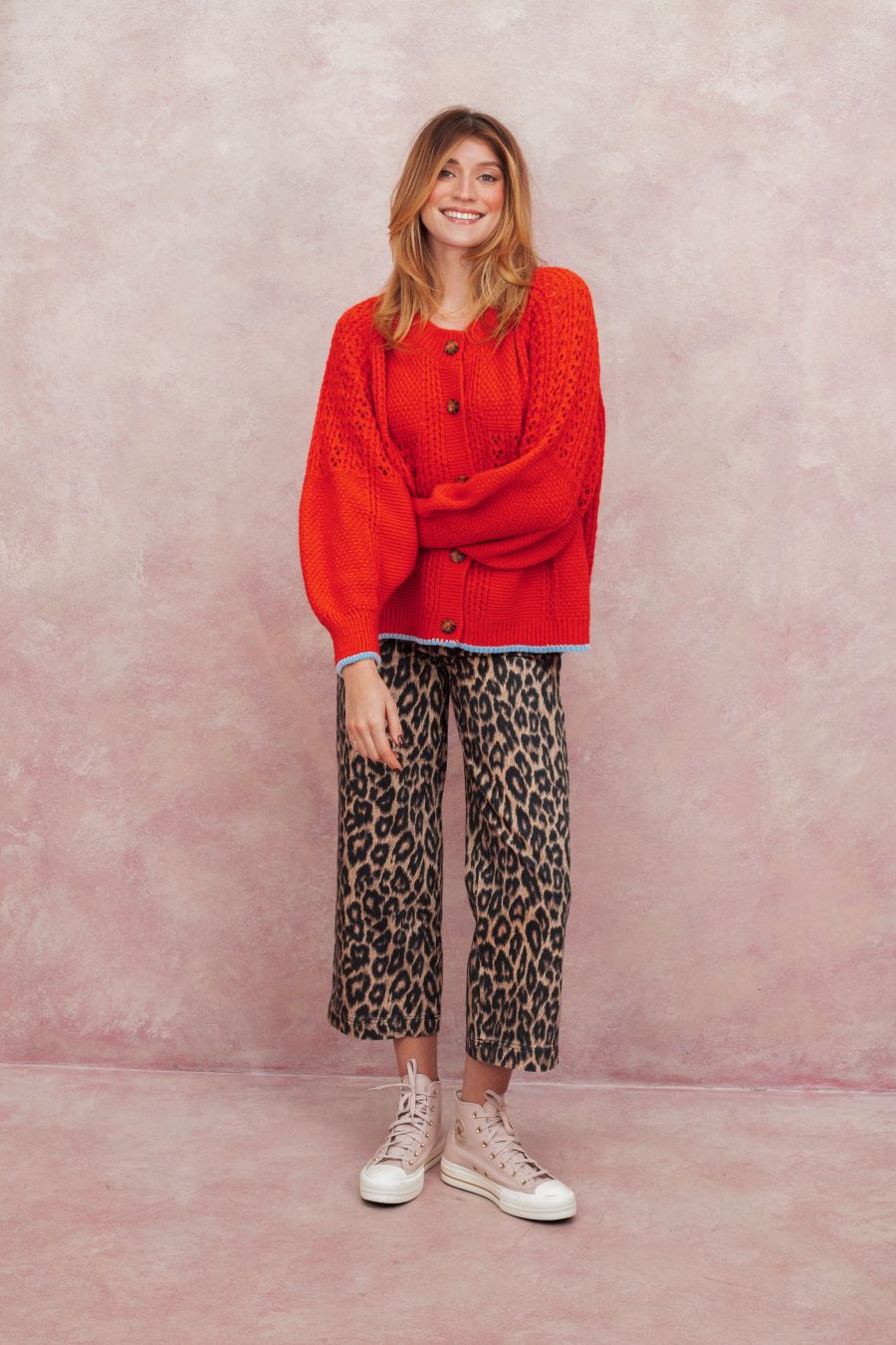 Brigit Pointelle Stitch Balloon Sleeve Cardigan - Orange
