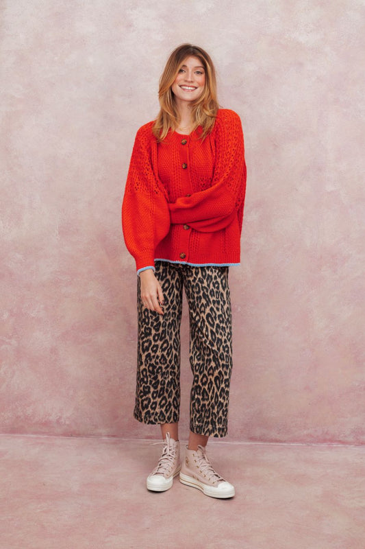 Brigit Pointelle Stitch Balloon Sleeve Cardigan - Orange