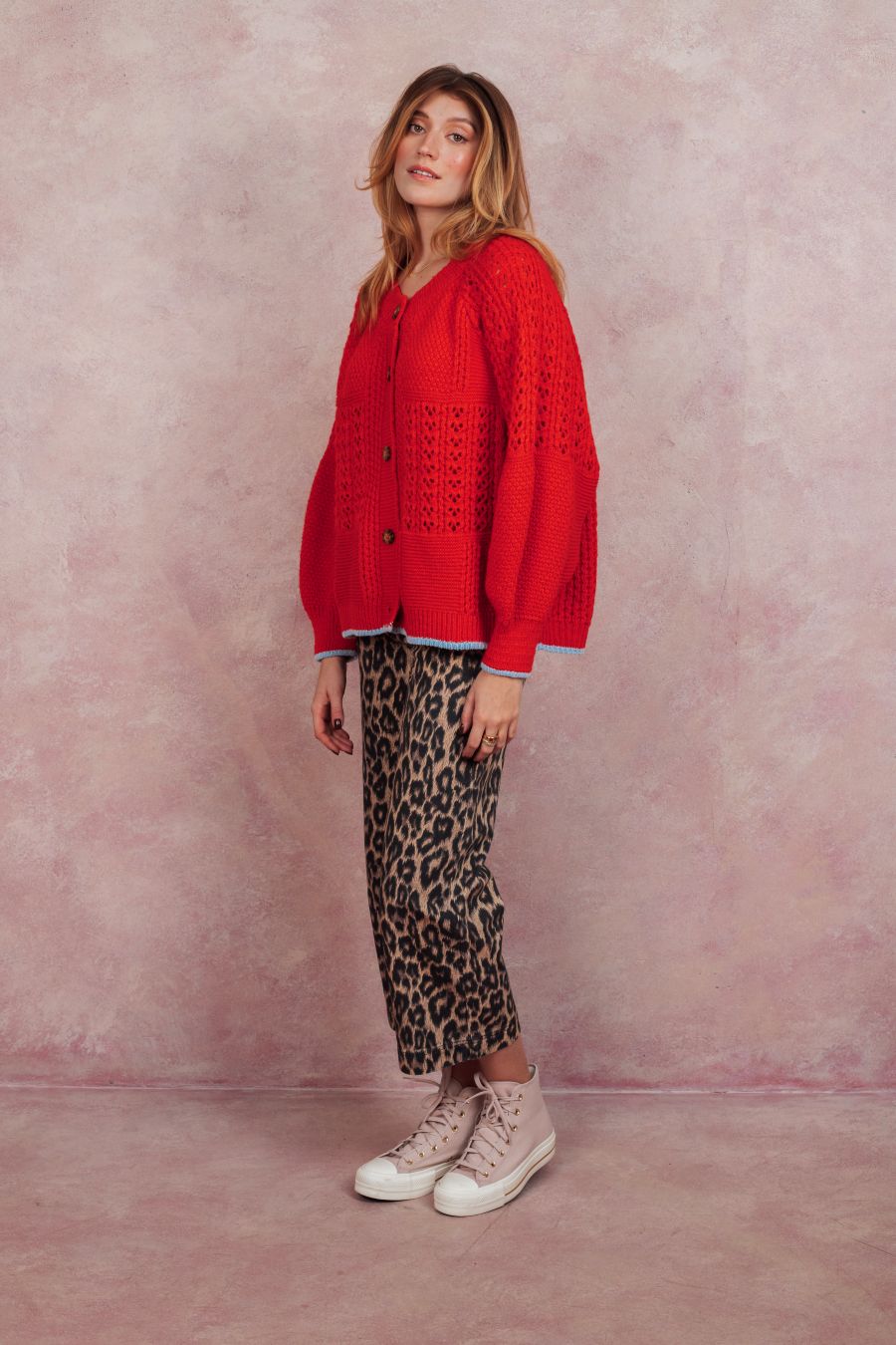 Brigit Pointelle Stitch Balloon Sleeve Cardigan - Orange